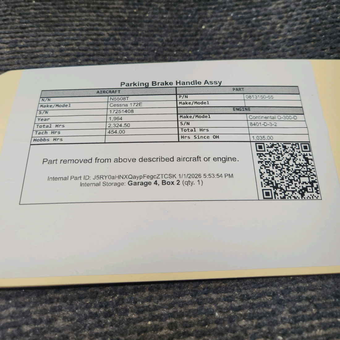 Used aircraft parts for sale, 0813150-55 Cessna 172E Parking Brake Handle Assy