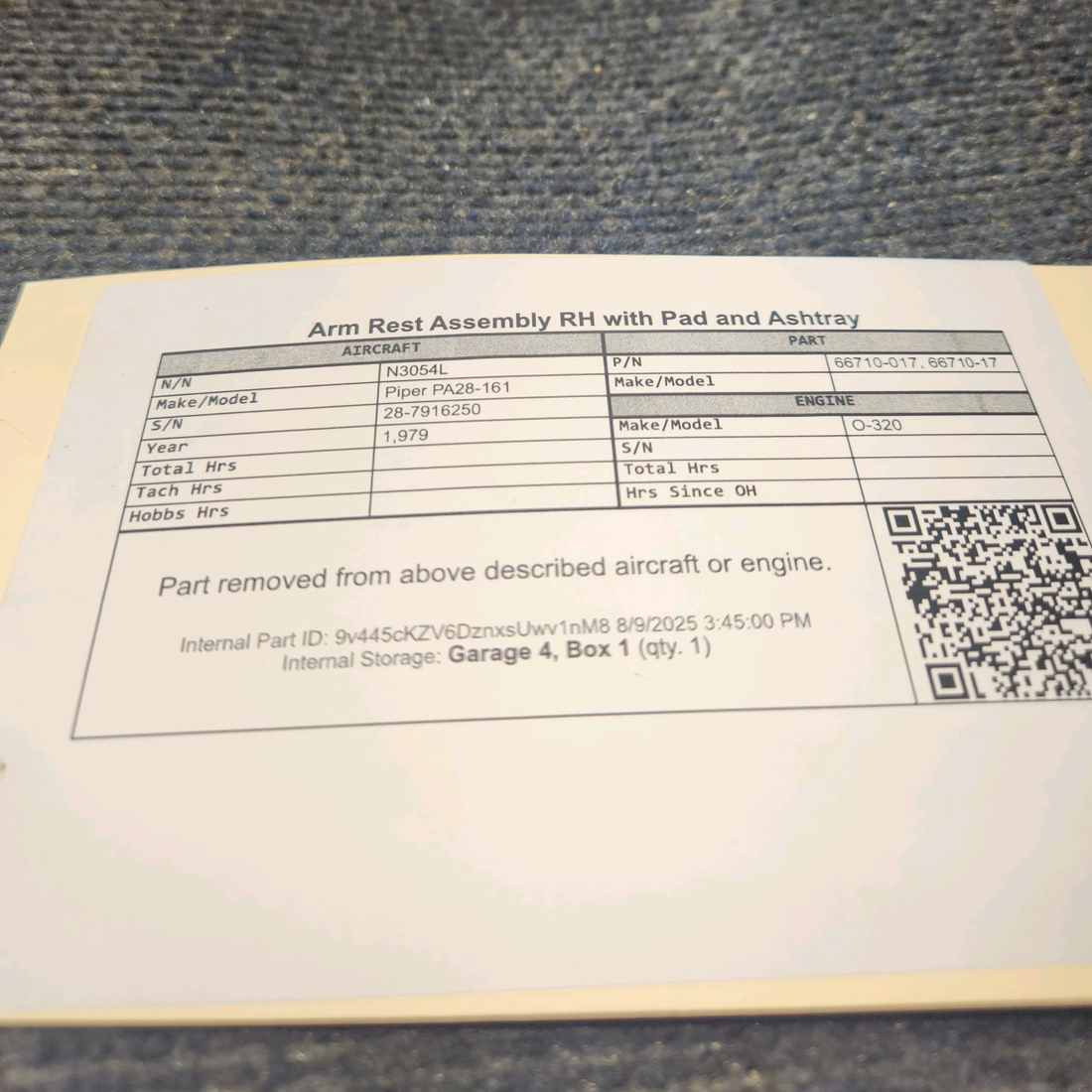 Used aircraft parts for sale, 66710-017 Piper PA28-161 Arm Rest Assembly w/ Pad and Ashtray -  RH