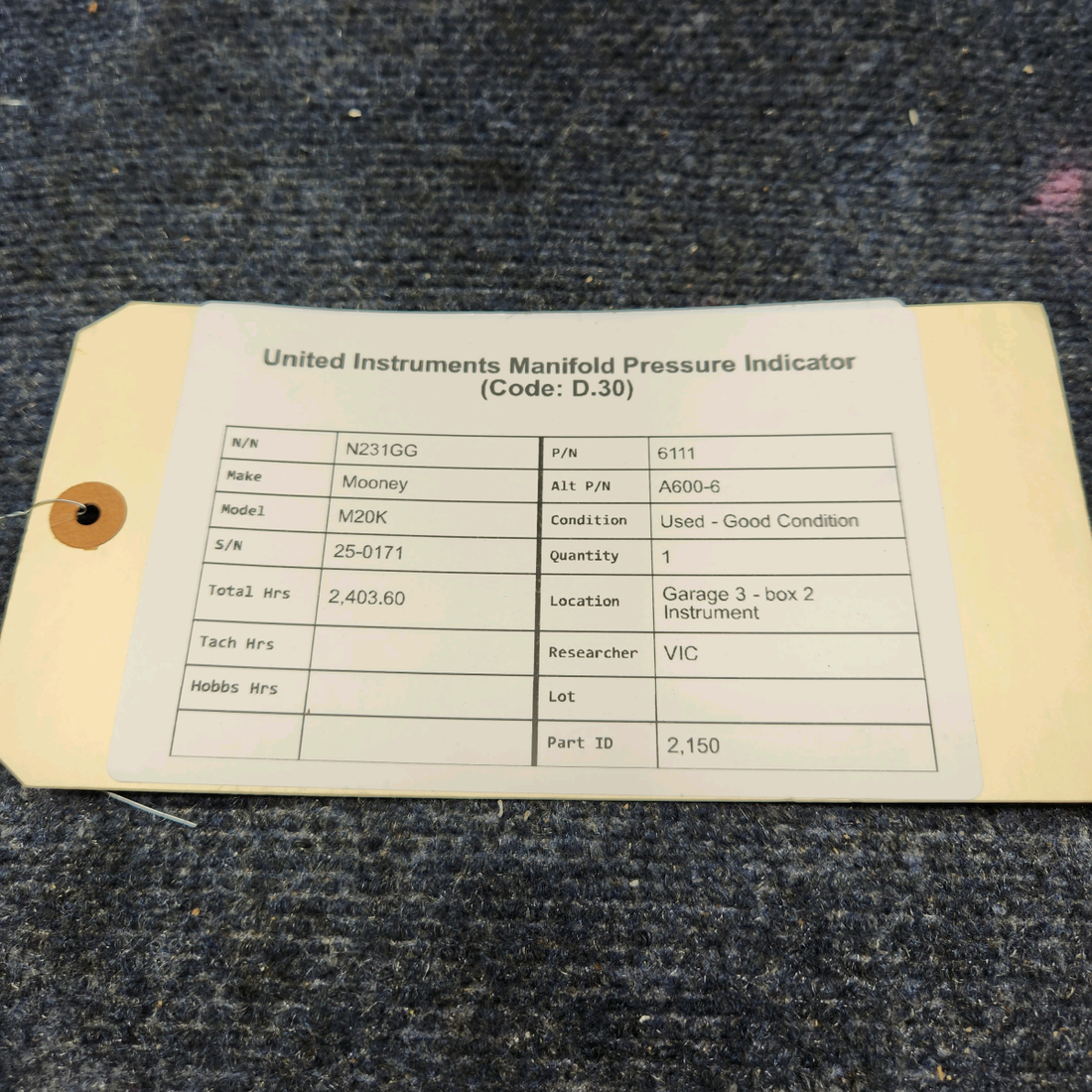 Used aircraft parts for sale, 6111 United Instruments Mooney M20K MANIFOLD PRESSURE INDICATOR (CODE: D.30)