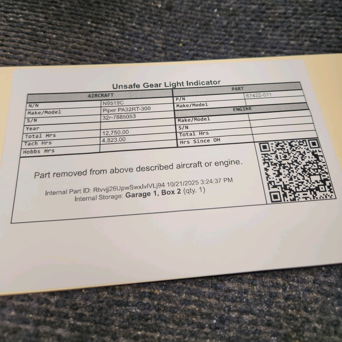 Used aircraft parts for sale, 67422-011 Piper PA32RT-300 Unsafe Gear Light Indicator