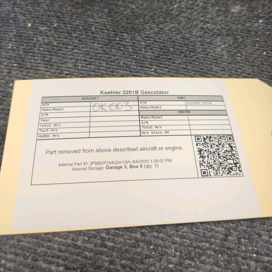 Used aircraft parts for sale, K2250B Koehler 2201B Gascolator