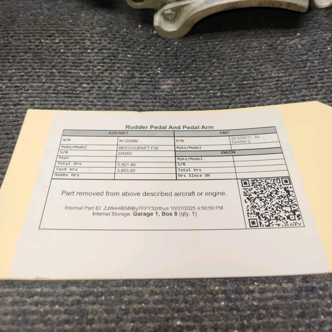 Used aircraft parts for sale, 35-524011, 35-524060-2 BEECHCRAFT F35 Rudder Pedal and Arm
