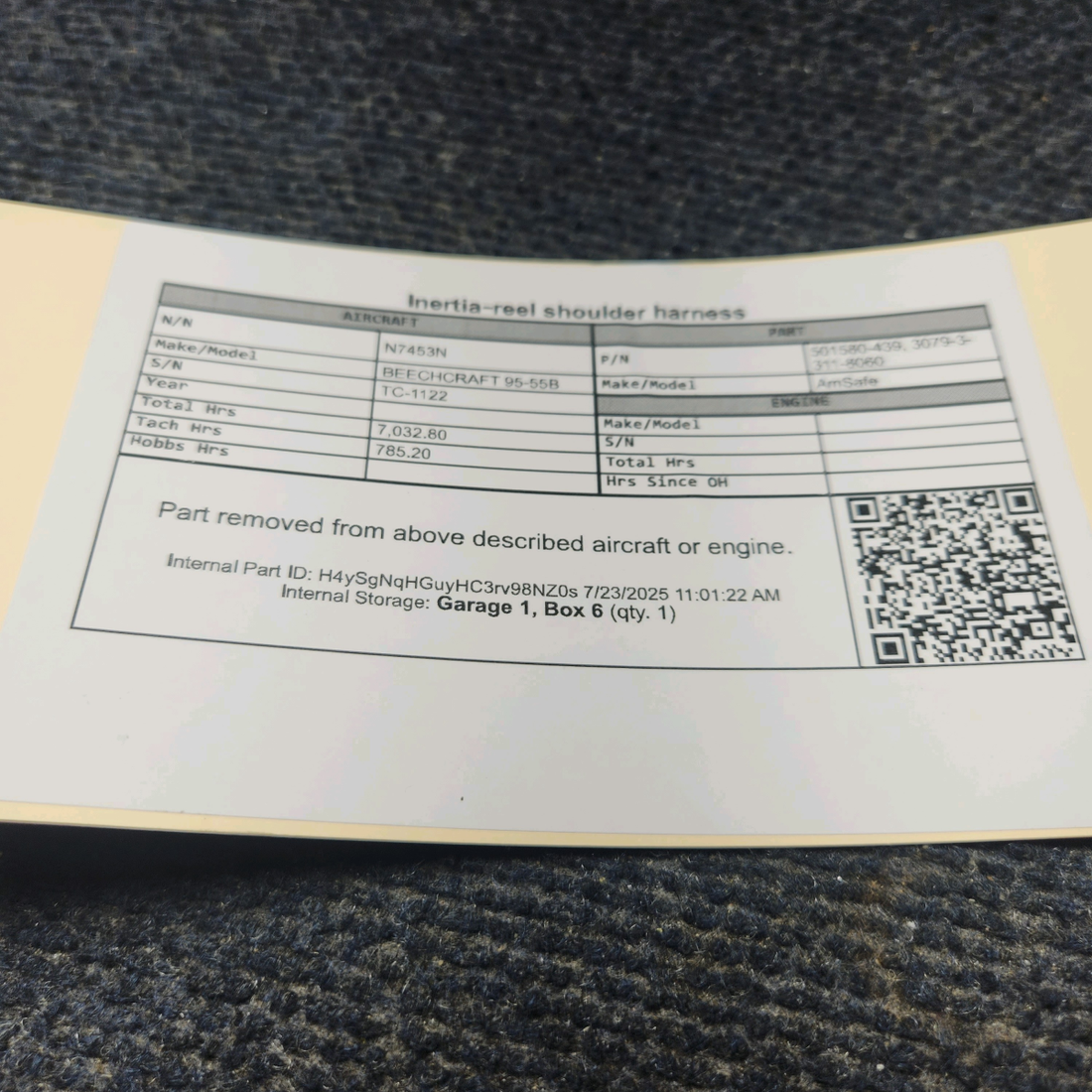 Used aircraft parts for sale, 501580-439 AmSafe BEECHCRAFT 95-55B Seatbelt Shoulder Harness