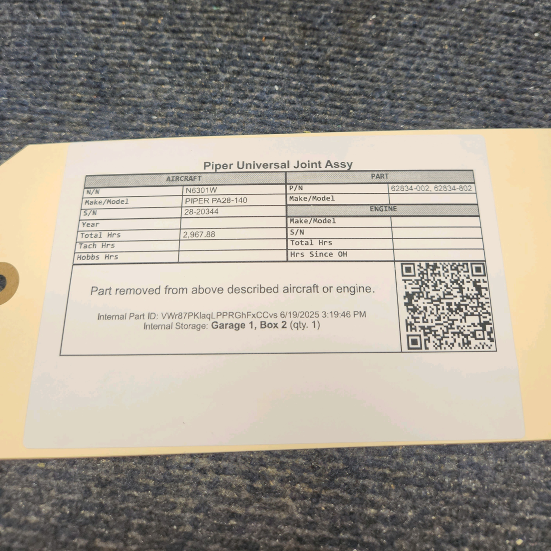 Used aircraft parts for sale, 62834-002 PIPER PA28-140 Universal Joint Assy