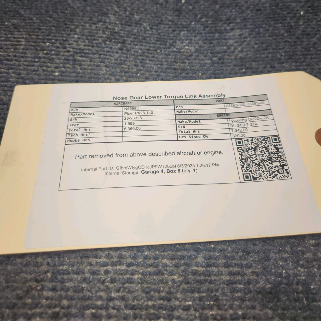 Used aircraft parts for sale, 63383-000 Piper PA28-140 Nose Gear Lower Torque Link Assembly