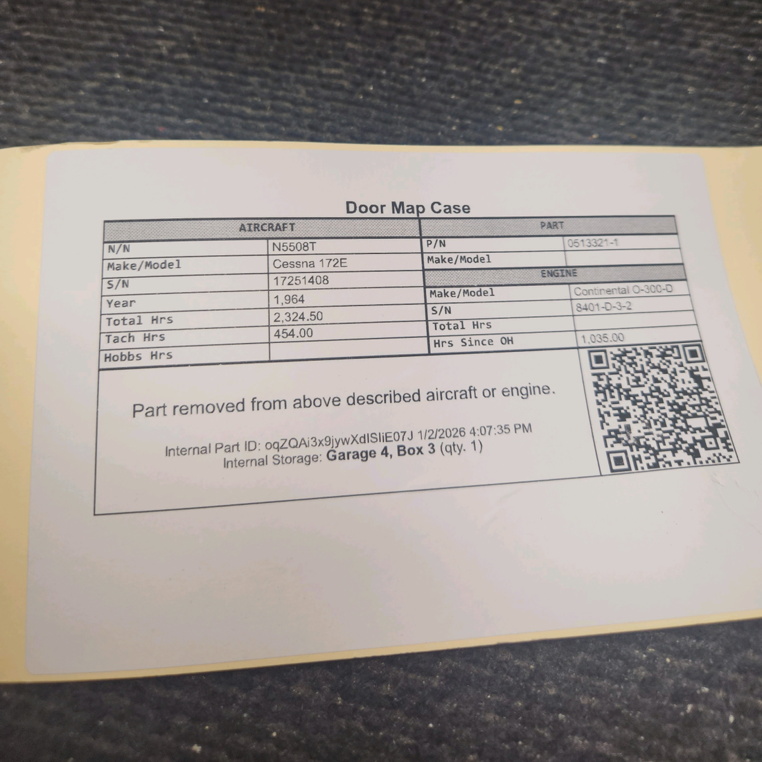 Used aircraft parts for sale, 0513321-1 Cessna 172E Door Map Case