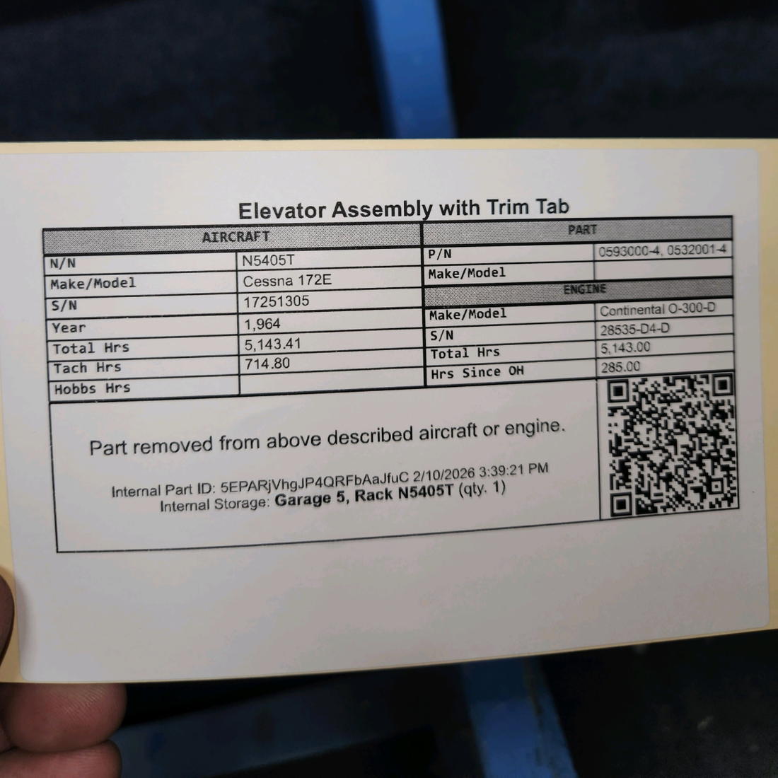 Used aircraft parts for sale, 0593000-4, 0532001-4 Cessna 172E Elevator Assembly with Trim Tab