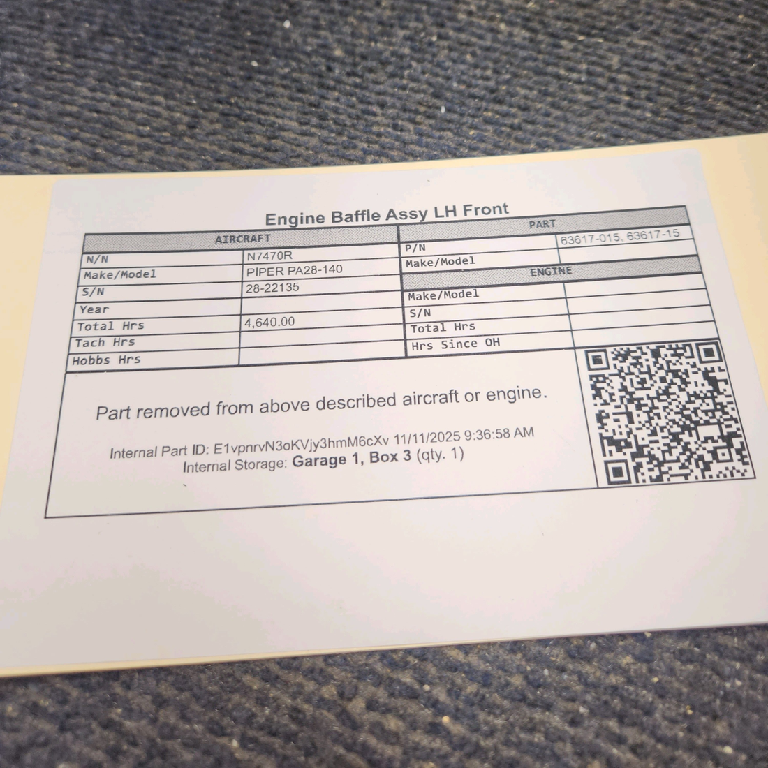 Used aircraft parts for sale, 63617-015 Piper PA28-140 Front Engine Baffle Assembly - LH
