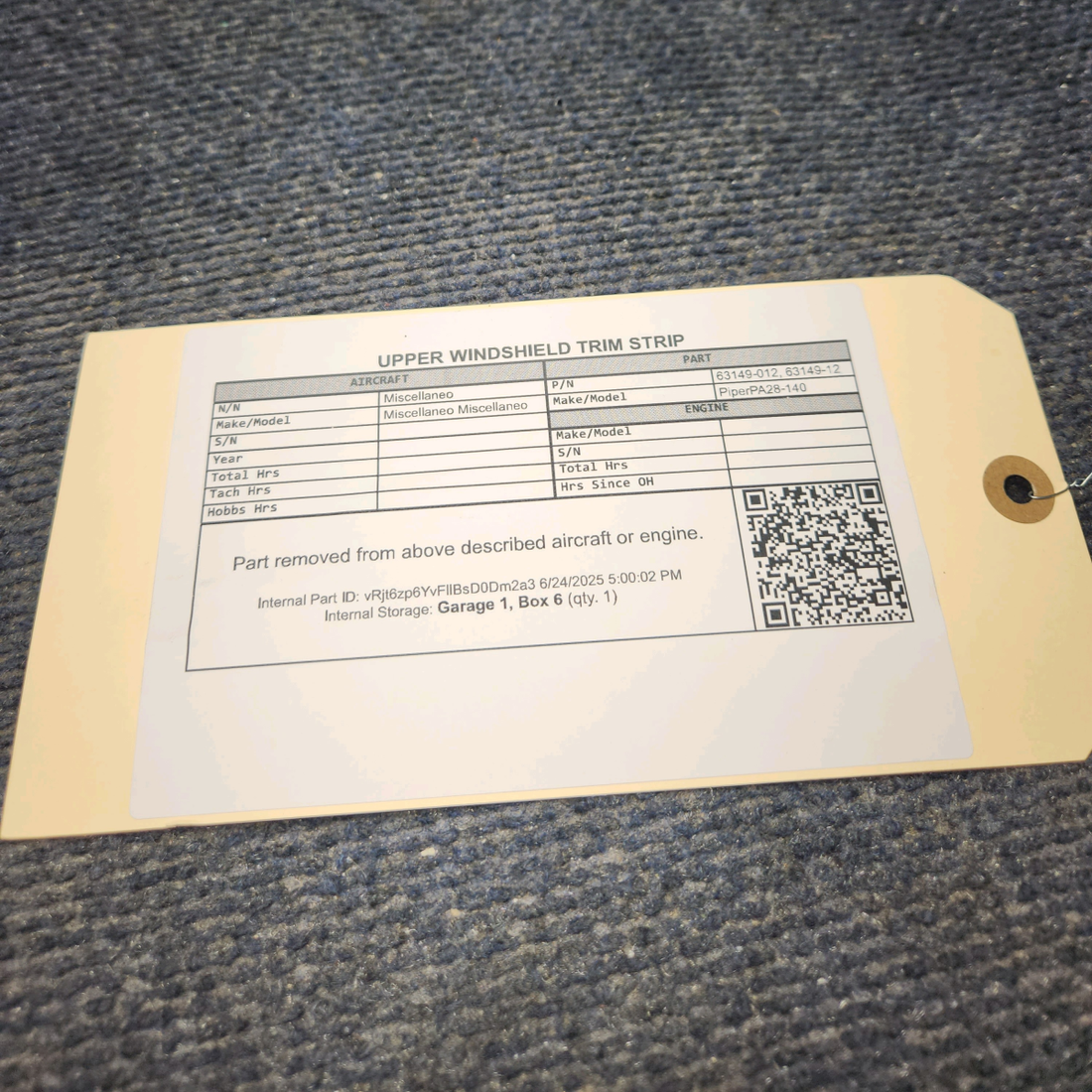 Used aircraft parts for sale, 63149-012 Piper PA28-140 UPPER WINDSHIELD TRIM STRIP