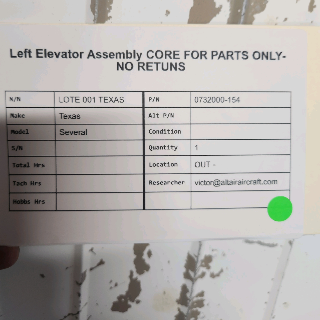 Used aircraft parts for sale, 0732000-154 Cessna  [part_model] Texas Several LEFT ELEVATOR ASSEMBLY CORE FOR PARTS ONLY-NO RETUNS