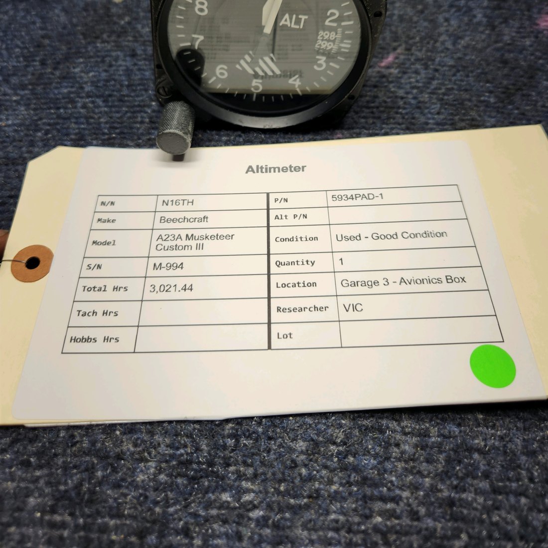 Used aircraft parts for sale, 5934PAD-1 United Instruments Beechcraft A23A Musketeer Custom III ALTIMETER