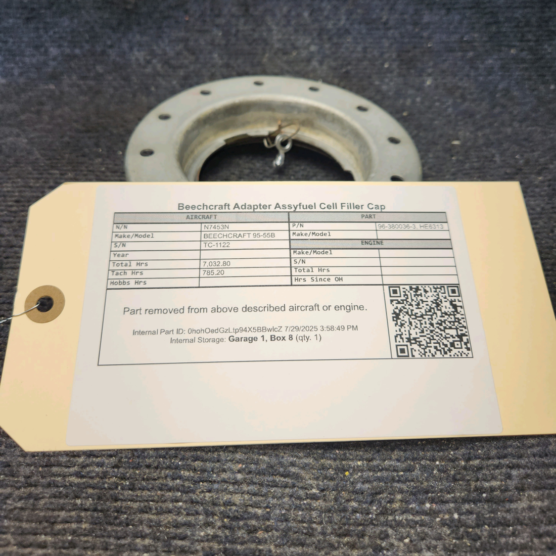 Used aircraft parts for sale, 96-380036-3 BEECHCRAFT 95-55B Adapter Assembly – Fuel Cell Filler Cap