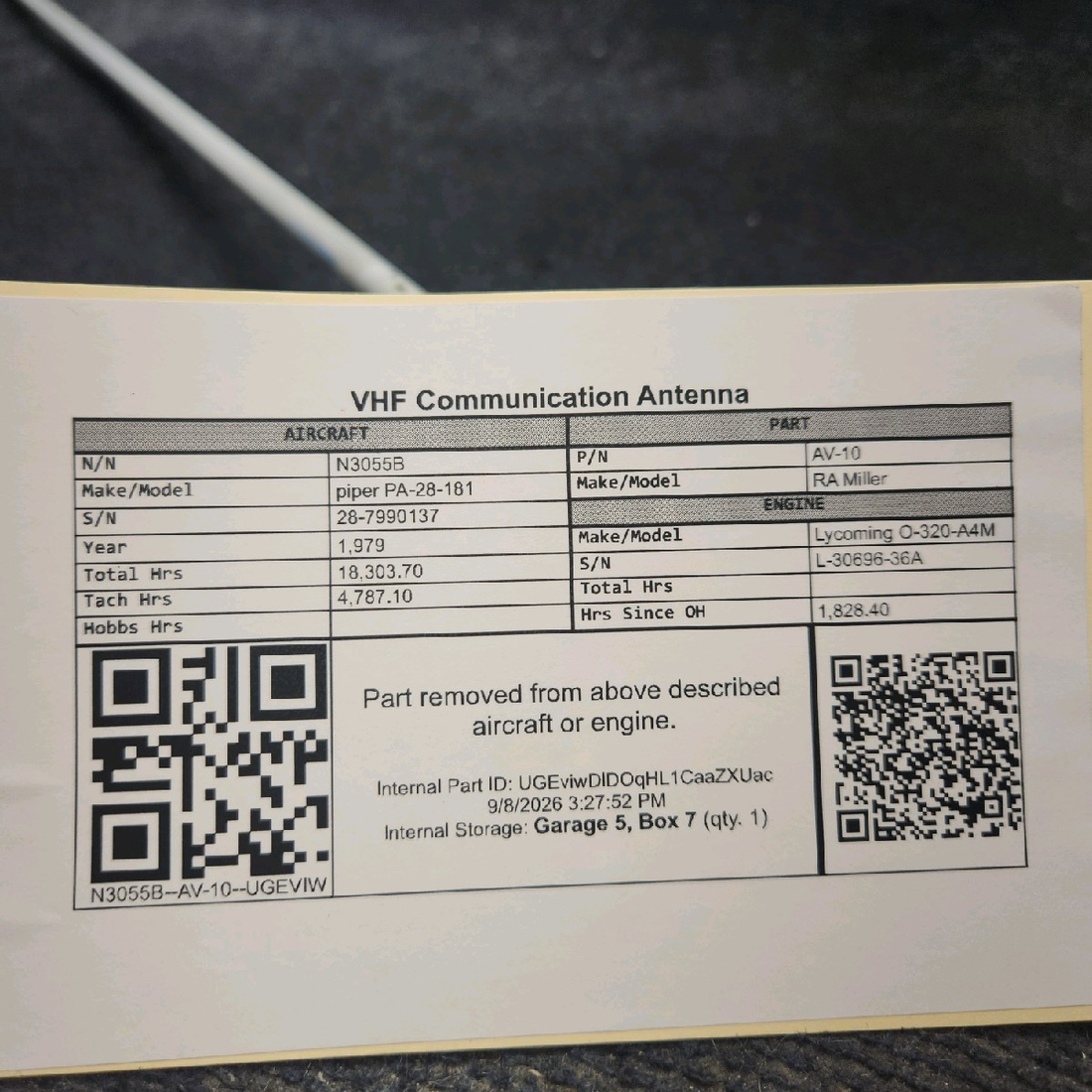Used aircraft parts for sale, AV-10 RA Miller piper PA-28-181 VHF Communication Antenna