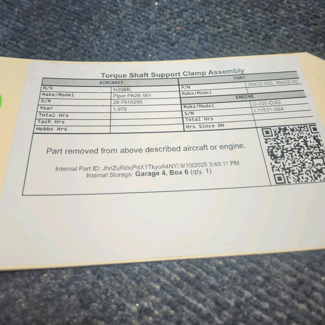 Used aircraft parts for sale, 35402-000 Piper PA28-161 Torque Shaft Support Clamp Assembly