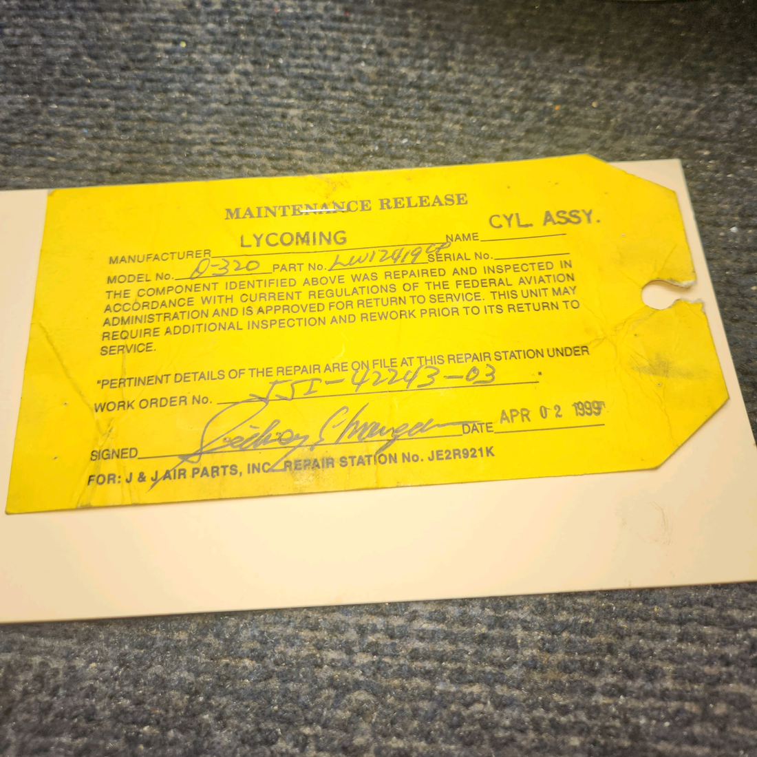 Used aircraft parts for sale, LW-12416 Lycoming O-320-D2A Piper PA28-140 CLY Wide Deck Chrome with High Compression Piston