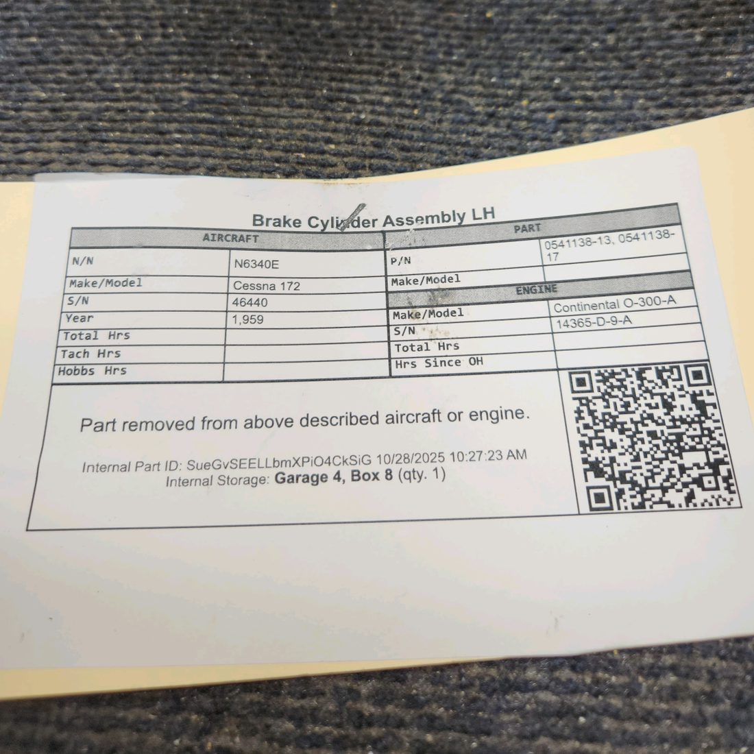 Used aircraft parts for sale, 0541138-13 Cessna 172 Brake Cylinder Assembly - LH