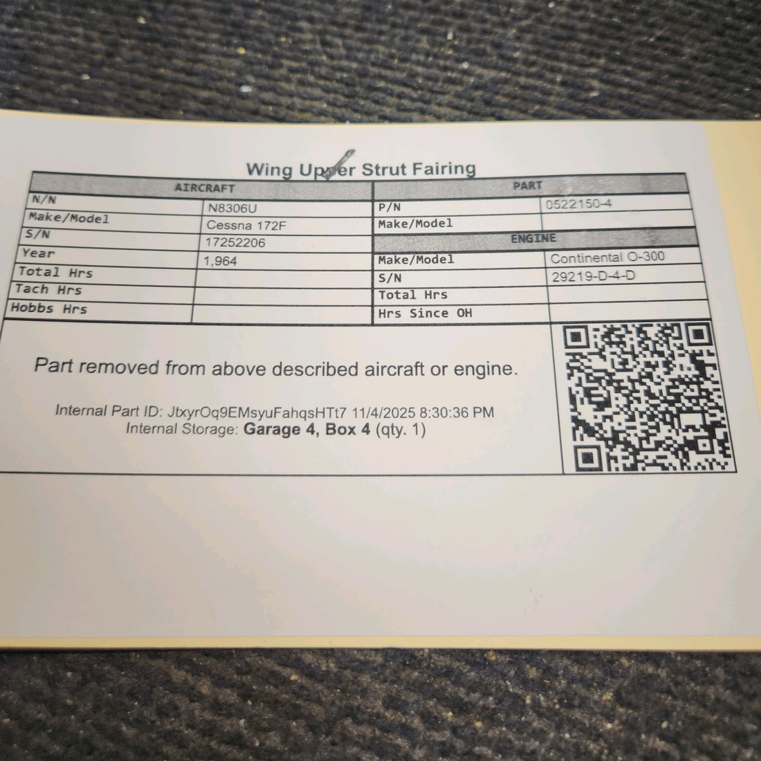 Used aircraft parts for sale, 0522150-4 Cessna 172F Wing Upper Strut Fairing