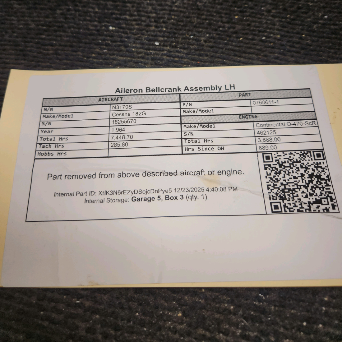 Used aircraft parts for sale, 0760611-1 Cessna 182G Aileron Bellcrank Assembly - LH