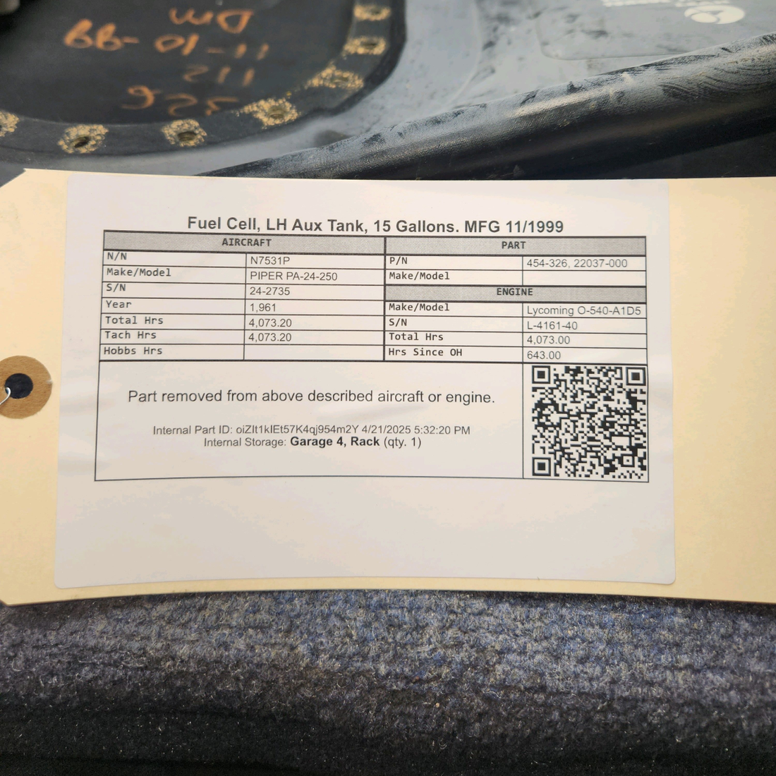 Used aircraft parts for sale, 454-326 PIPER PA-24-250 Fuel Cell, LH Aux Tank, 15 Gallons. MFG 11/1999