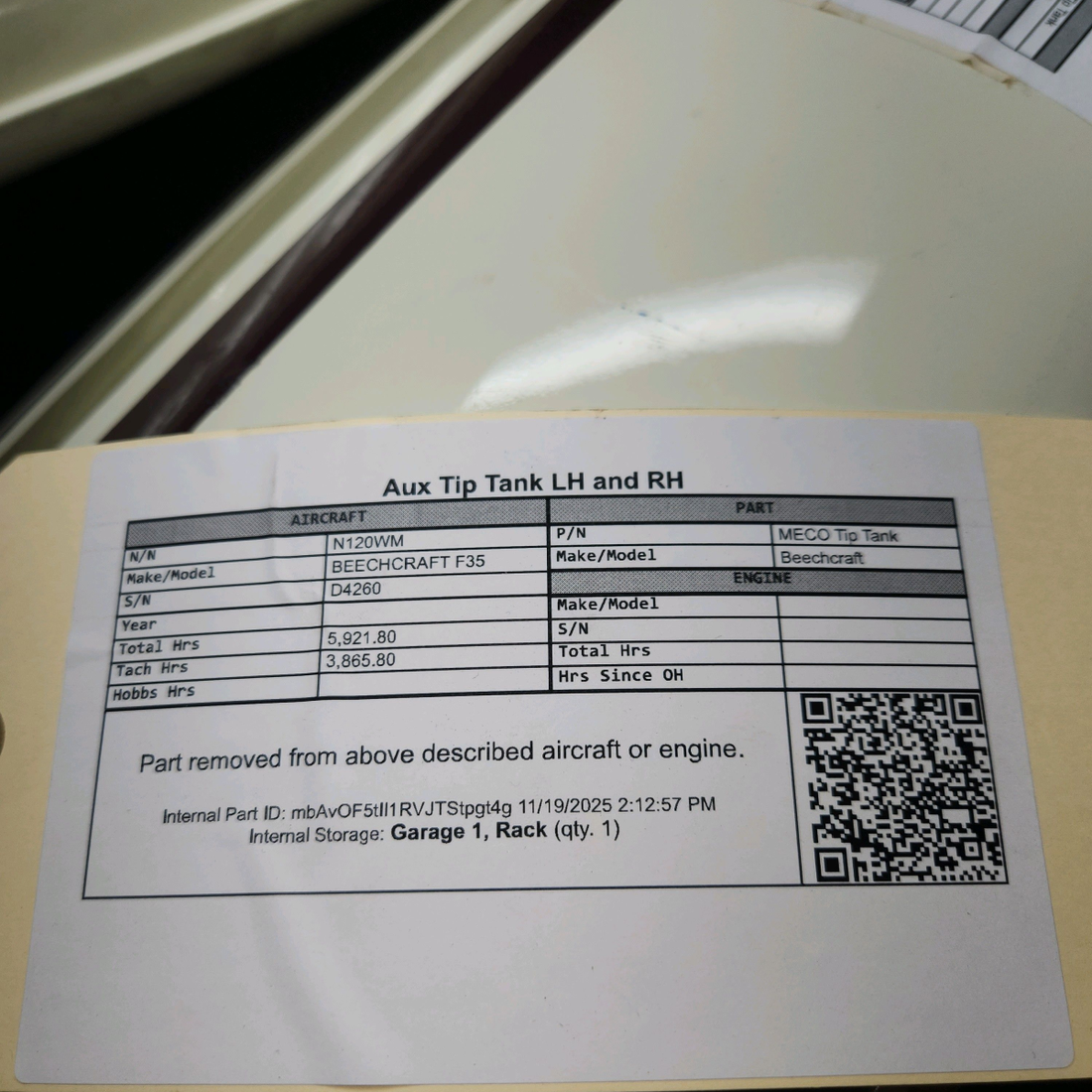 Used aircraft parts for sale, MECO Tip Tank Beechcraft F35 10-Gallon Auxiliary Tip Tanks LH and RH