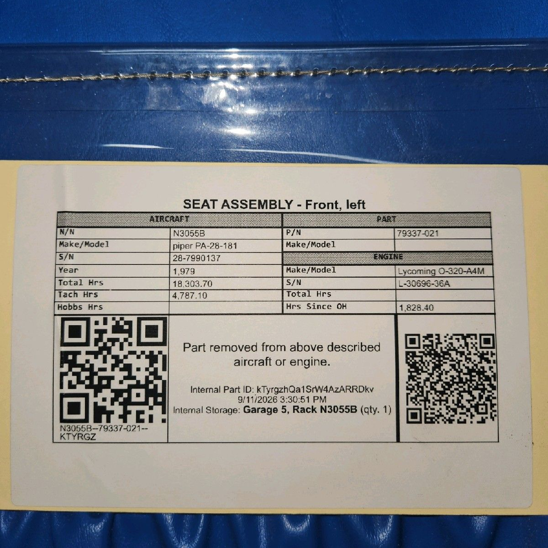 Used aircraft parts for sale, 79337-021 piper PA-28-181 Front Pilot Seat Assembly LH