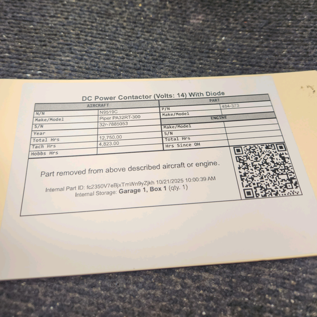 Used aircraft parts for sale, 484-373 Piper PA32RT-300 DC Power Contactor with Diode (Volts: 14)