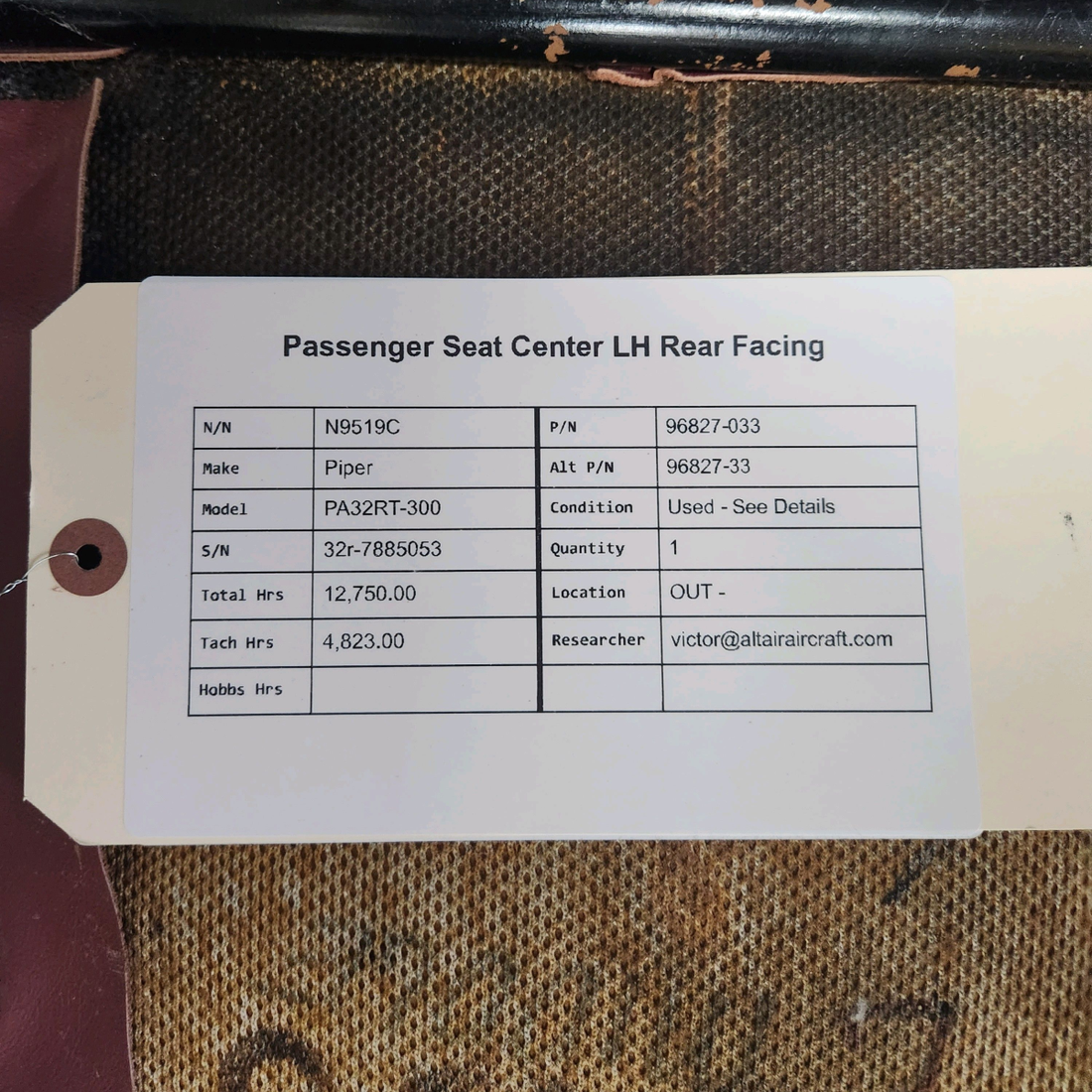 Used aircraft parts for sale, 96827-033 Piper PA32RT-300 PASSENGER SEAT CENTER LH REAR FACING