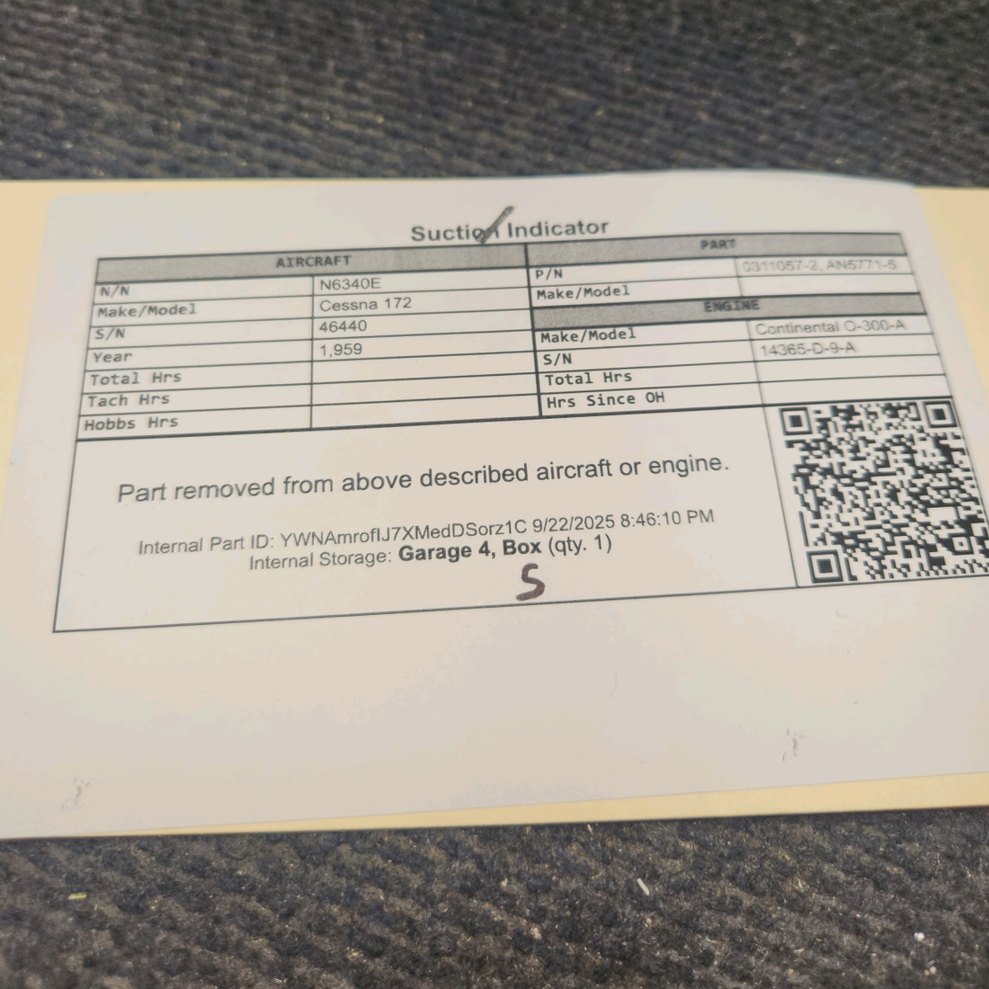 Used aircraft parts for sale, 0311057-2 Cessna 172 Suction Indicator