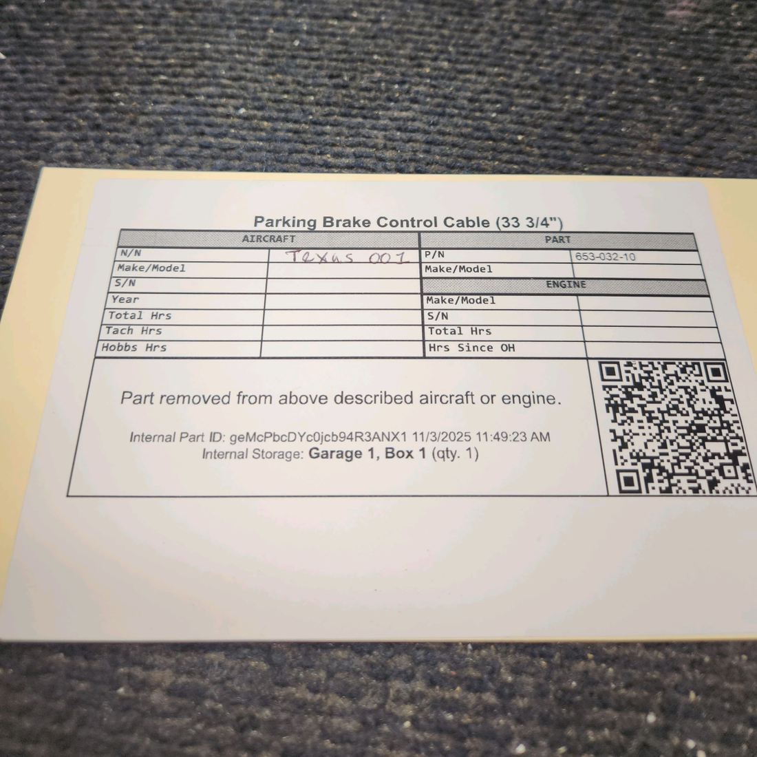 Used aircraft parts for sale, 653-032-10 Mooney Parking Brake Control Cable (33 3/4")