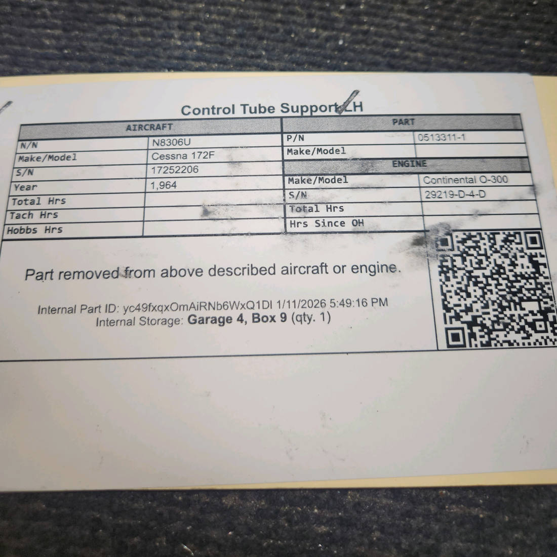 Used aircraft parts for sale, 0513311-1 Cessna 172F Control Tube Support LH