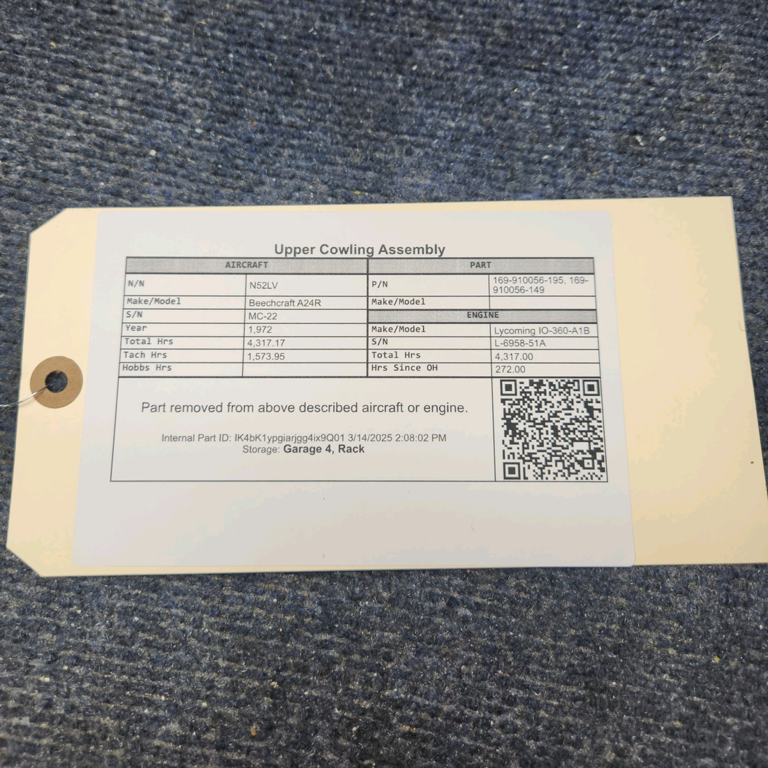 Used aircraft parts for sale, 169-910056-195 Beechcraft A24R Upper Cowling Assembly