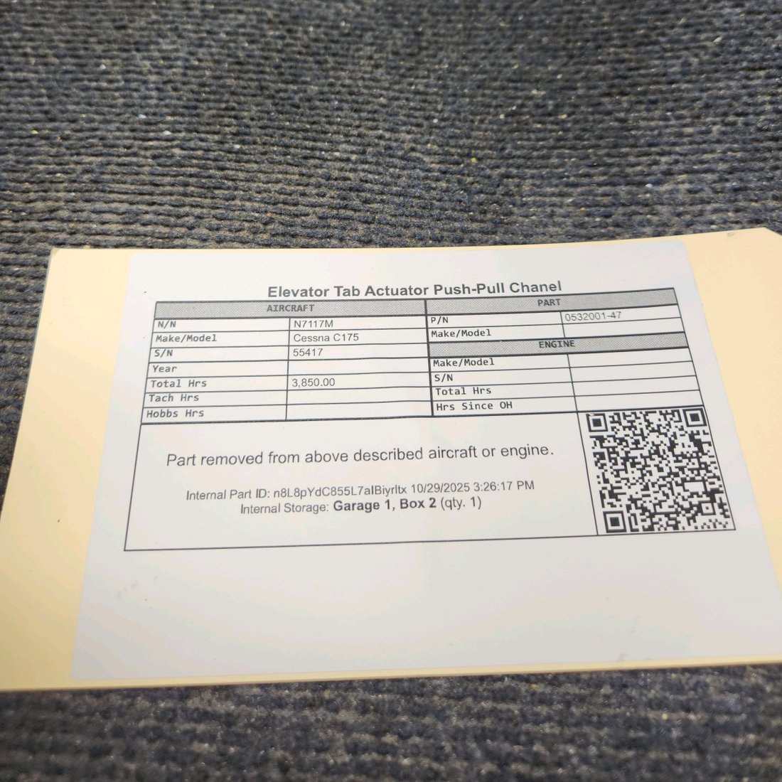 Used aircraft parts for sale, 0532001-47 Cessna C175 Elevator Tab Actuator Push-Pull Channel