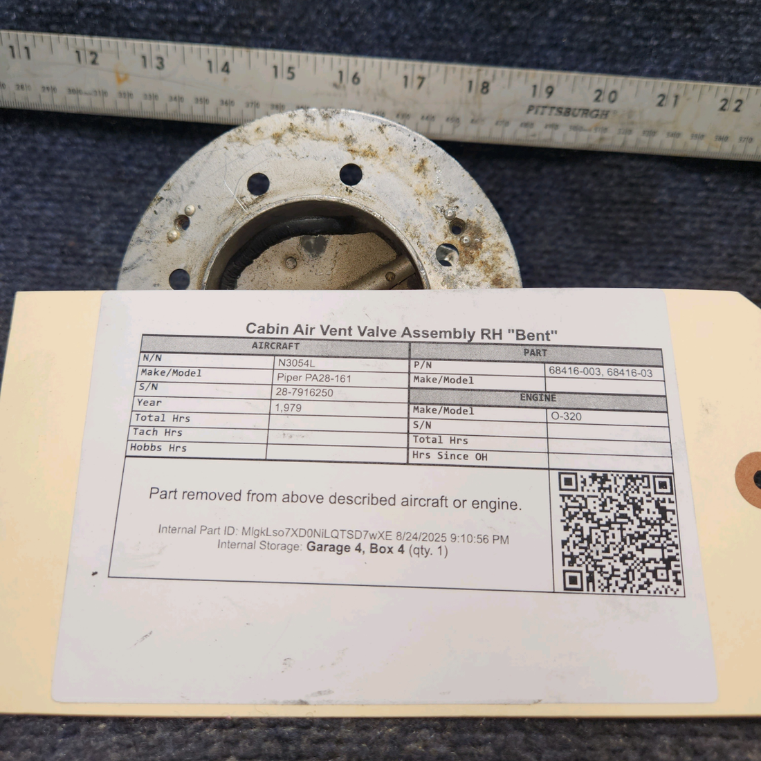 Used aircraft parts for sale, 68416-003 Piper PA28-161 Cabin Air Vent Valve Assembly - RH (Bent)