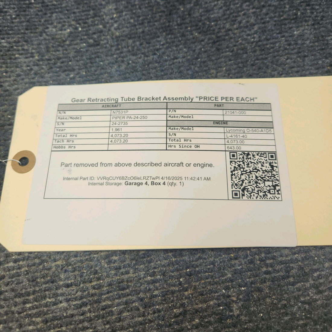 Used aircraft parts for sale, 21041-000 PIPER PA-24-250 Gear Retracting Tube Bracket Assembly "PRICE PER EACH"