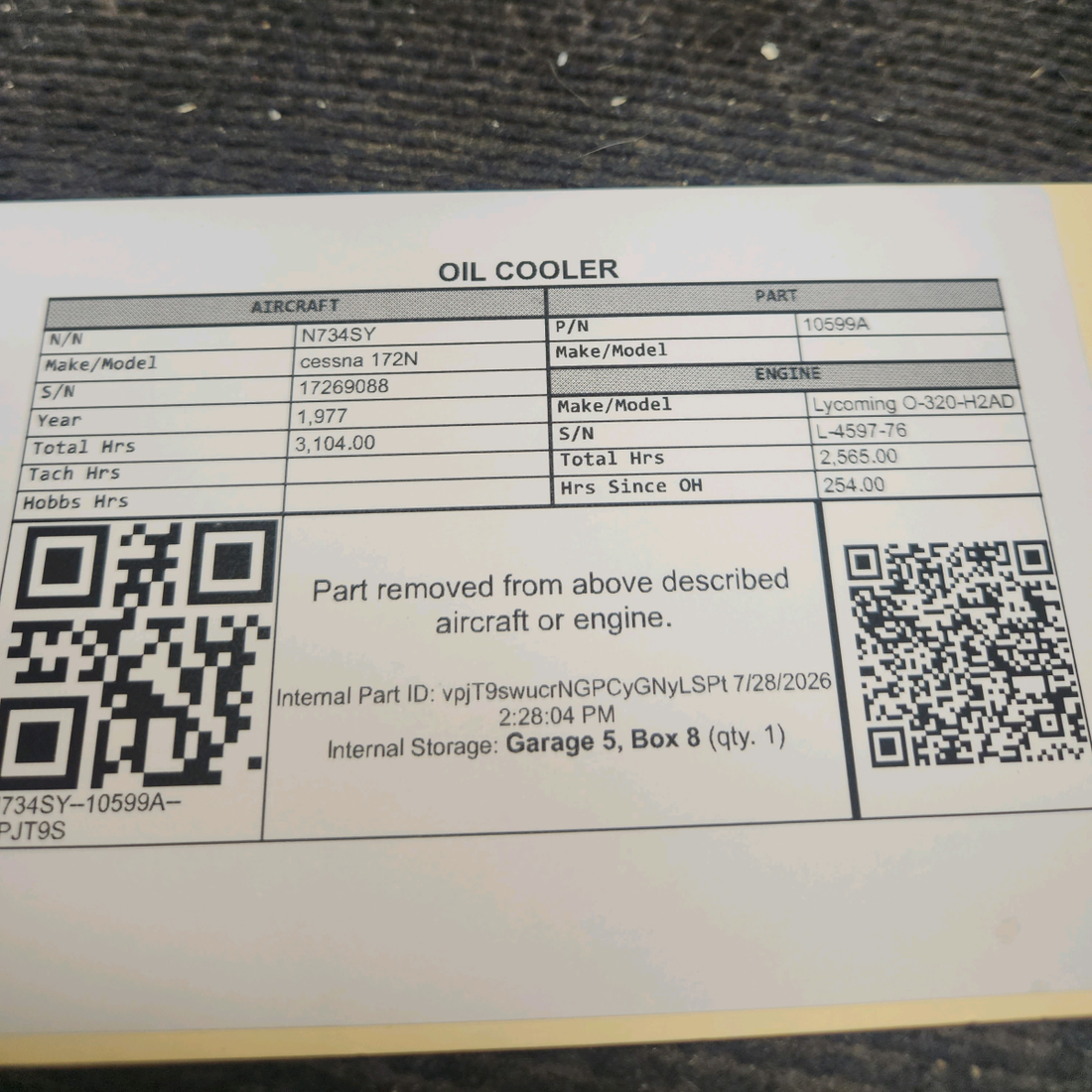 Used aircraft parts for sale, 10599A Stewart Warner cessna 172N Oil Cooler