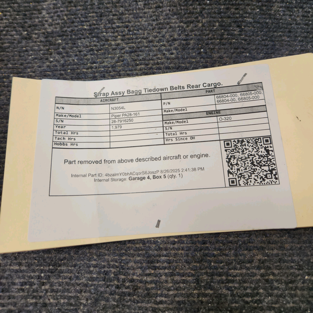 Used aircraft parts for sale, 66804-000, 66805-000 Piper PA28-161 Strap Assembly – Baggage Tie-Down Belts, Rear Cargo