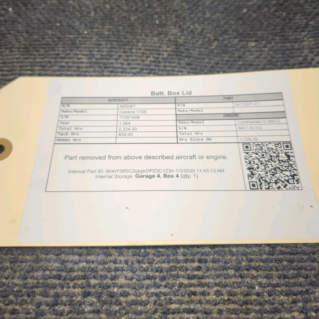 Used aircraft parts for sale, 0413307-21 Cessna 172E Battery Box Lid Assy