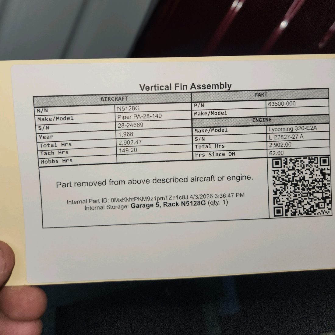 Used aircraft parts for sale, 63500-000 Piper PA-28-140 Vertical Fin Assembly