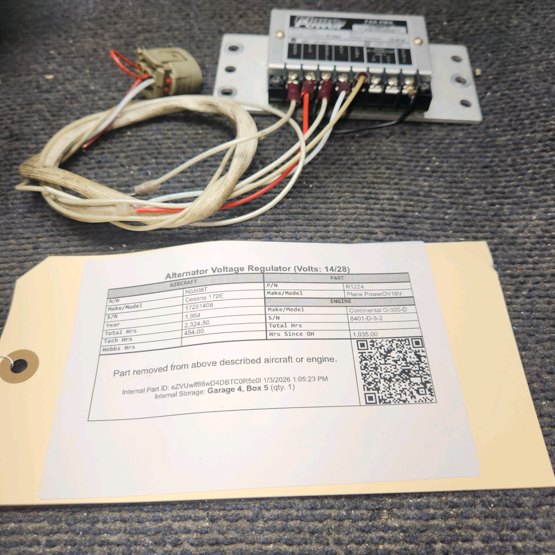 Used aircraft parts for sale, R1224 Plane Power OV16V Cessna 172E Alternator Voltage Regulator (Volts: 14/28)