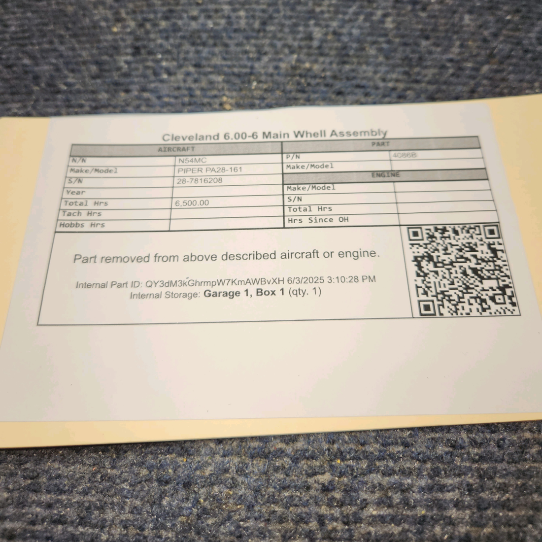Used aircraft parts for sale, 40-86B Cleveland PIPER PA28-161 6.00-6 Main Wheel Assembly