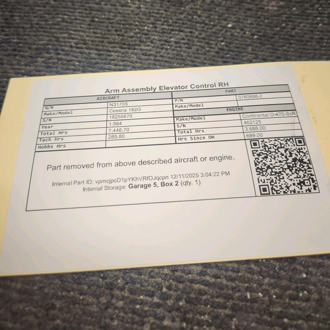 Used aircraft parts for sale, 0760686-2 Cessna 182G Arm Assembly Elevator Control - RH