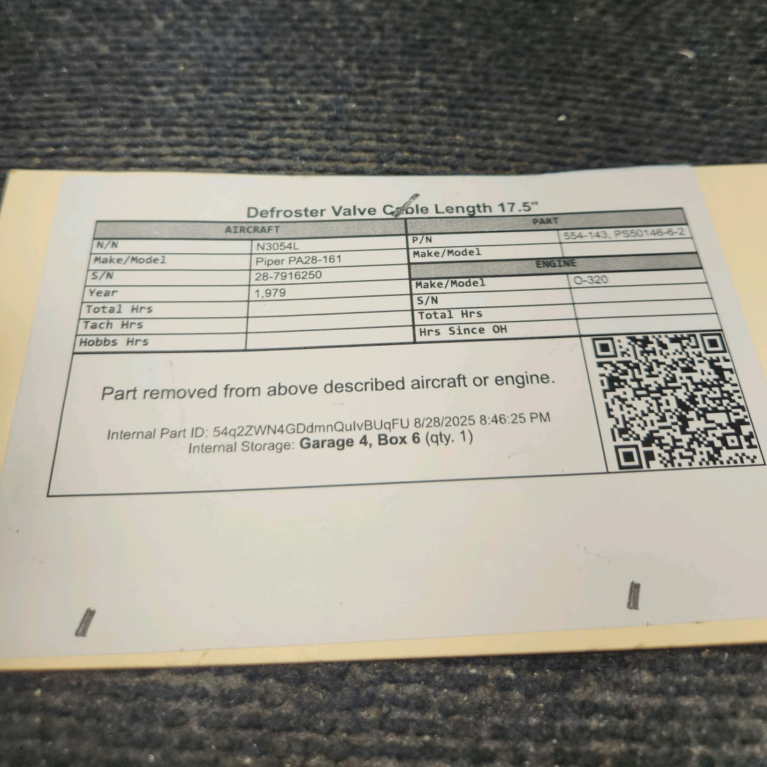 Used aircraft parts for sale, 554-143 Piper PA28-161 Defroster Valve Cable (Length 17.5")