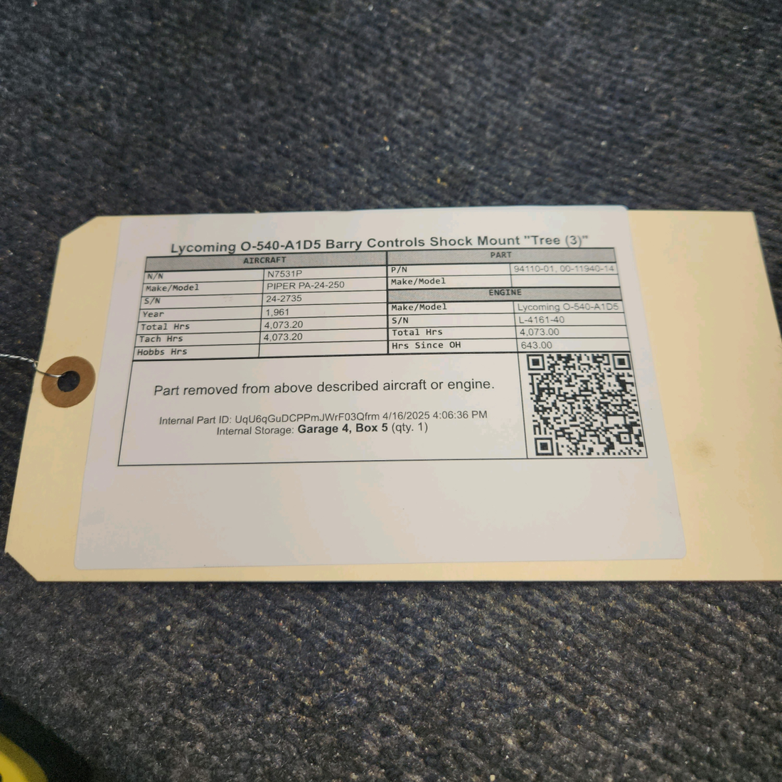Used aircraft parts for sale, 94110-01 PIPER PA-24-250 Lycoming O-540-A1D5 Barry Controls Shock Mount "Tree (3)"