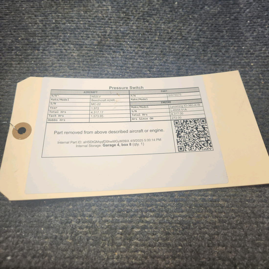 Used aircraft parts for sale, SW76575 Beechcraft A24R Pressure Switch