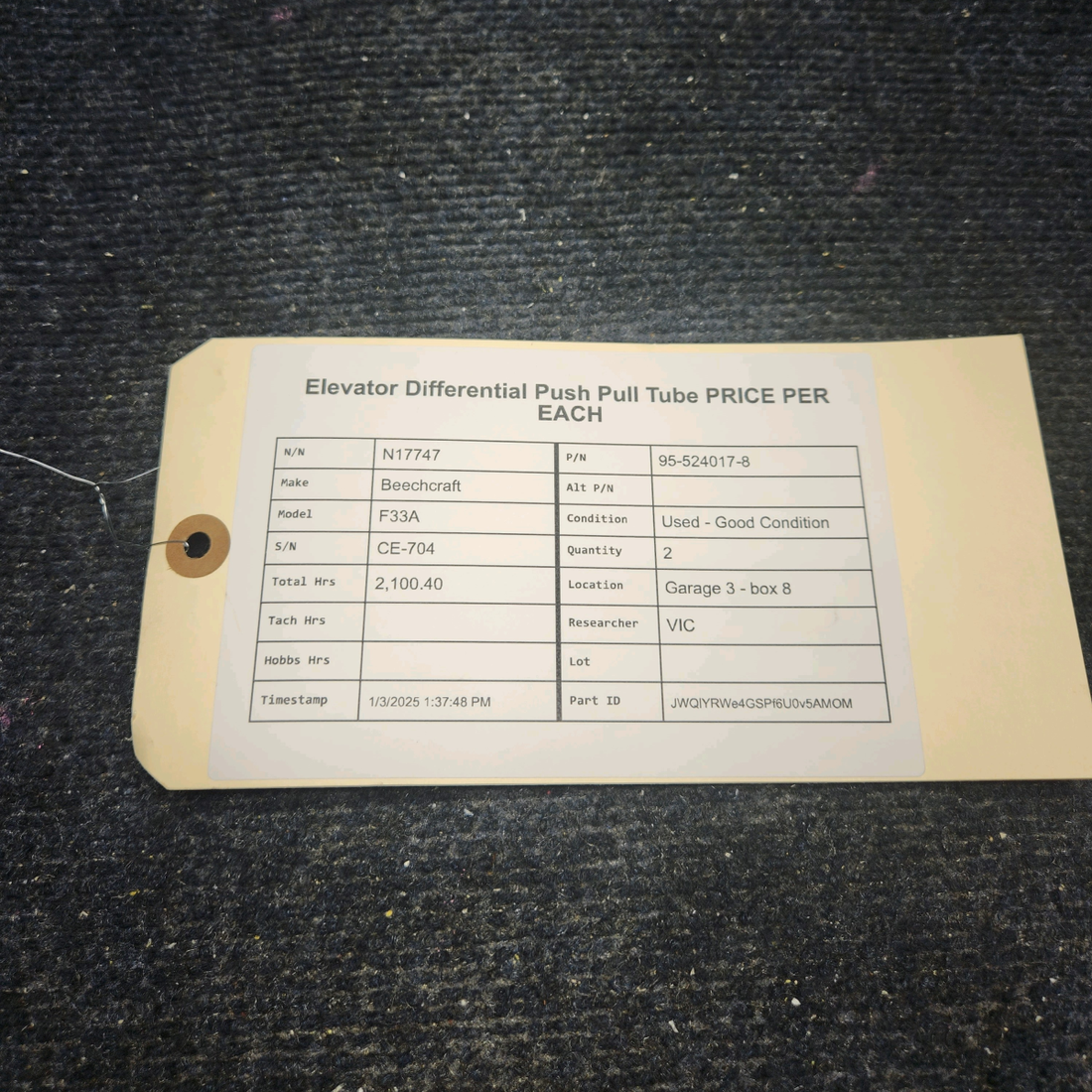 Used aircraft parts for sale, 95-524017-8 Beechcraft F33A ELEVATOR DIFFERENTIAL PUSH PULL TUBE PRICE PER EACH