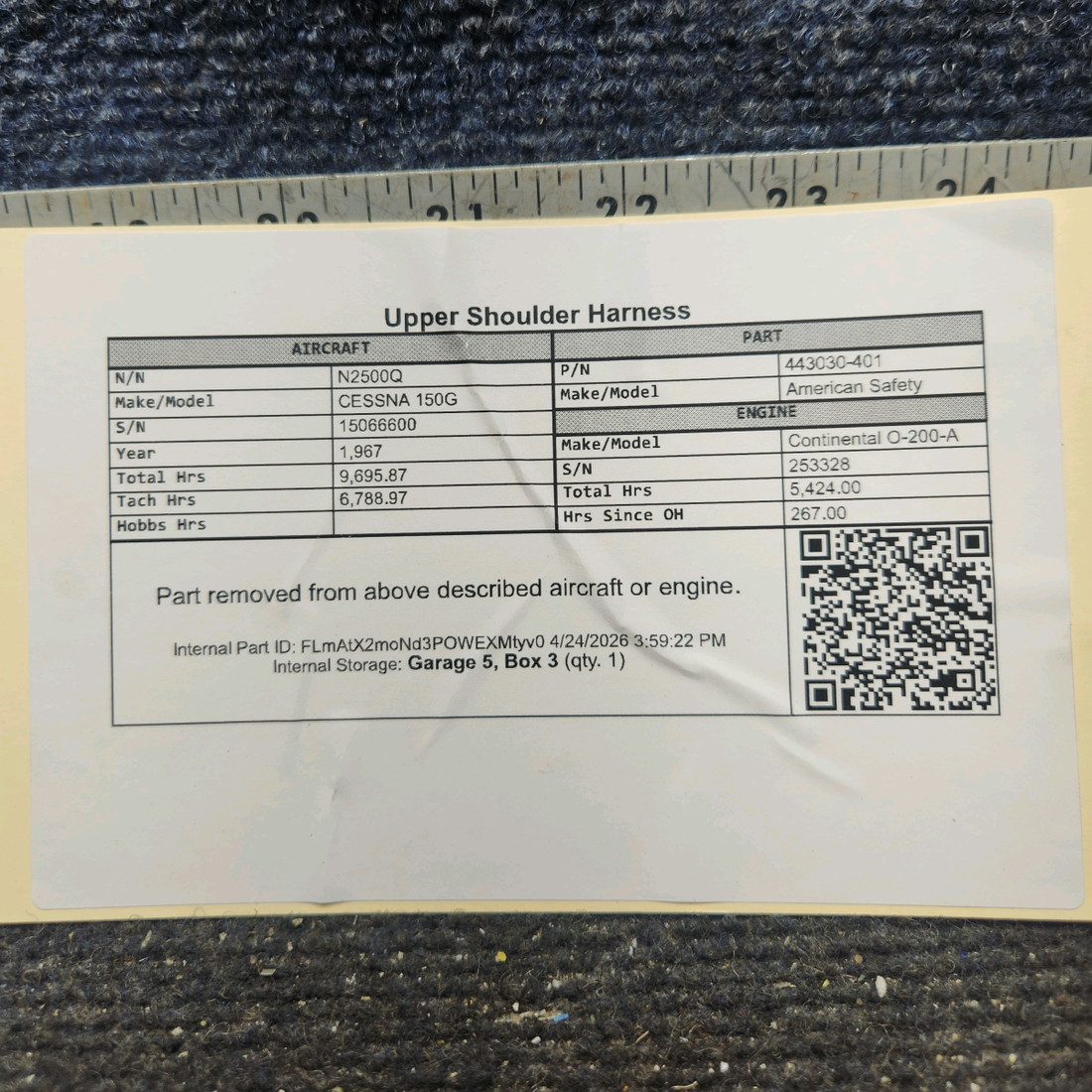 Used aircraft parts for sale, 443030-401 American Safety cessna 150G Upper Shoulder Harness