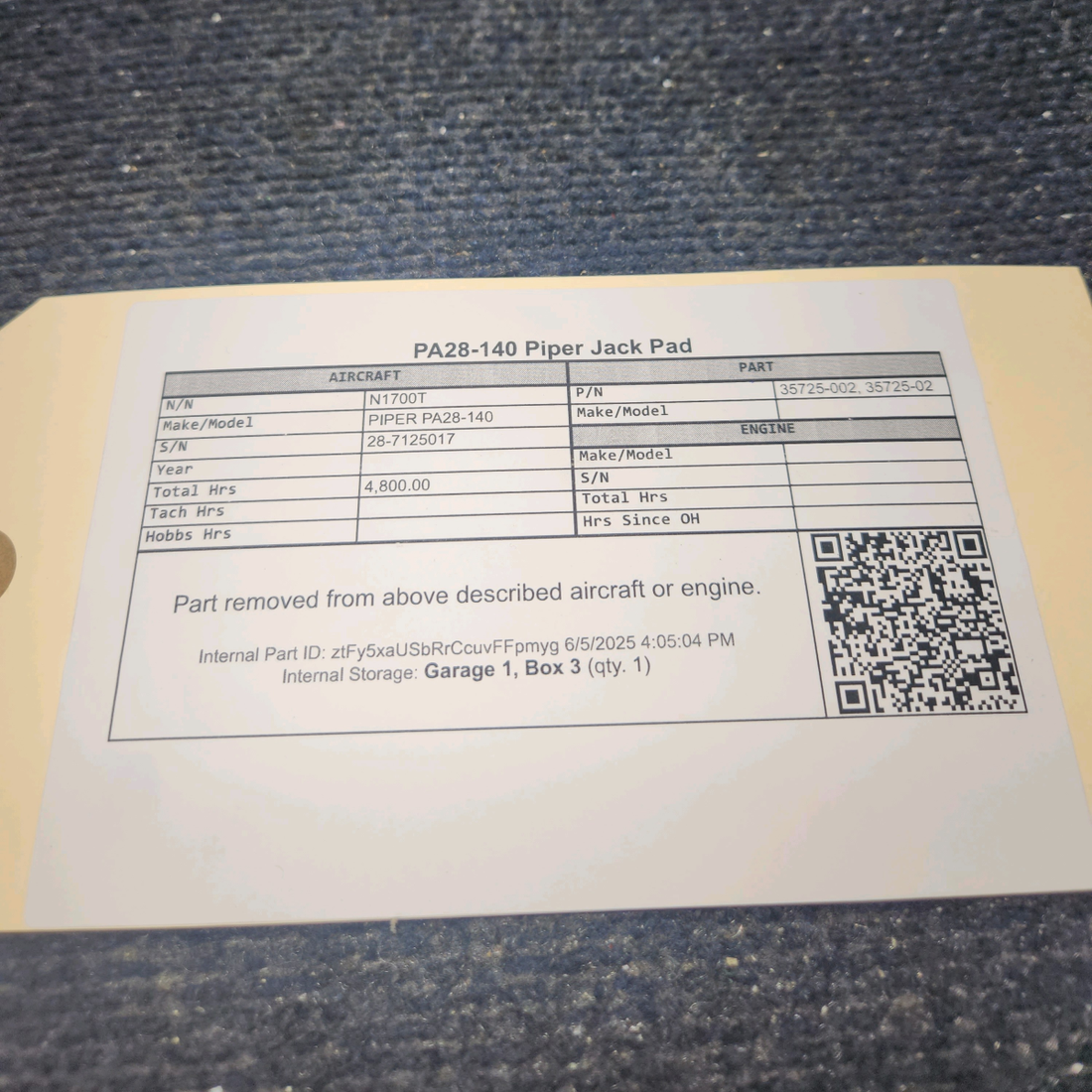 Used aircraft parts for sale, 35725-002 PIPER PA28-140 Jack Pad