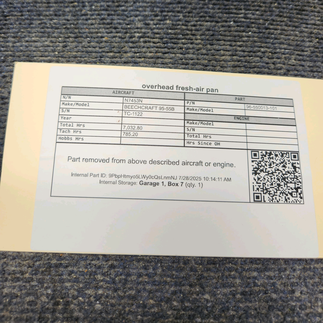 Used aircraft parts for sale, 96-550013-101 BEECHCRAFT 95-55B Overhead Fresh Air Pan w/ Valves