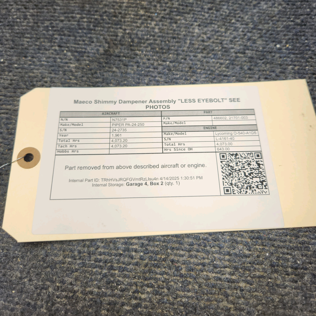 Used aircraft parts for sale, 486602 Maeco PIPER PA-24-250 Shimmy Dampener Assembly "LESS EYEBOLT" SEE PHOTOS