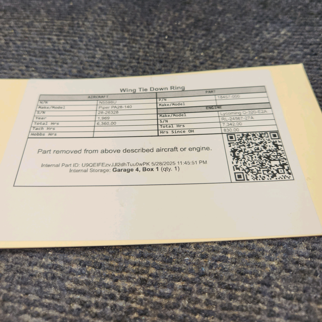 Used aircraft parts for sale, 18457-000 Piper PA28-140 Wing Tie Down Ring